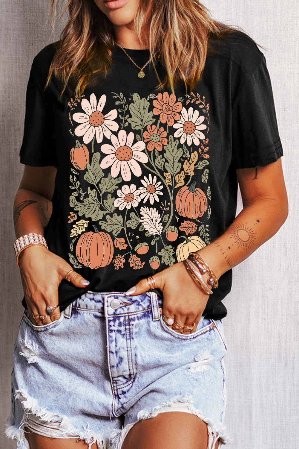 Black Wild Flower Pumpkin Heat Transfer Printing T Shirt d5144d0cfcaa60f6