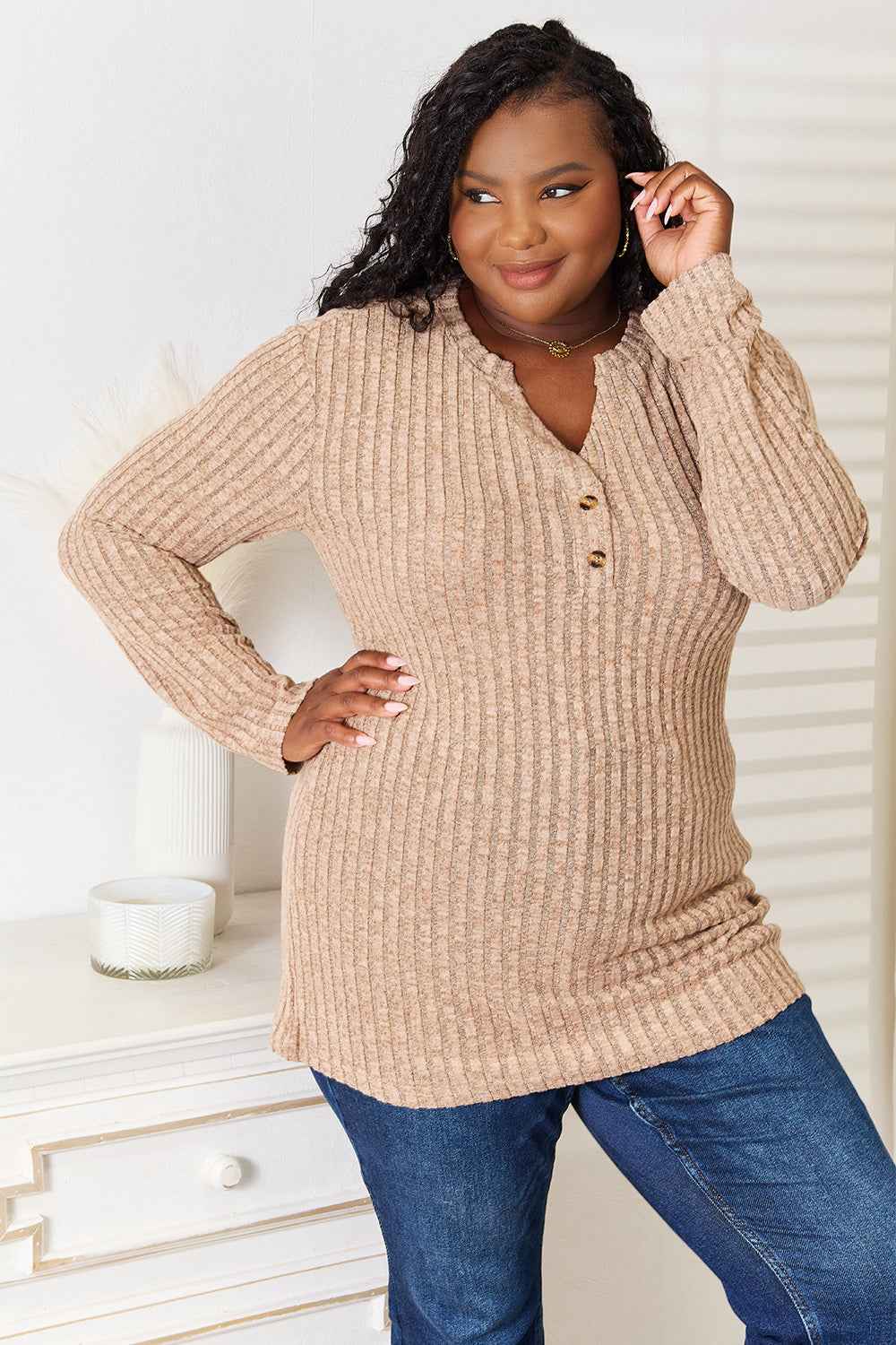 Double Take Notched Neck Ribbed Long Sleeve T-Shirt d515146668bc4191afee4803fb942362-Max