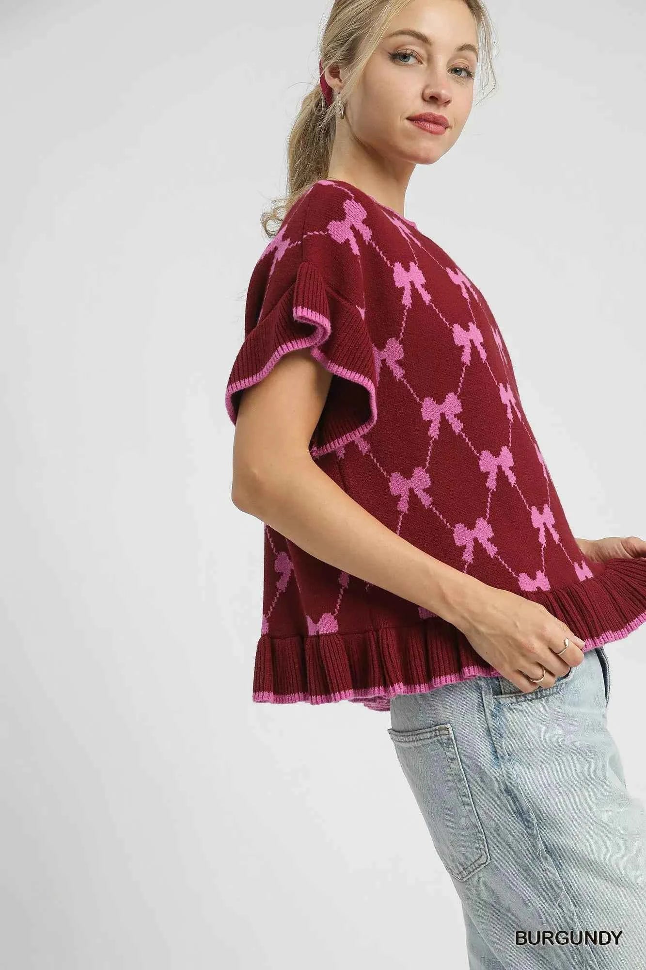 Umgee Bow Knit Ruffle Sleeve Sweater