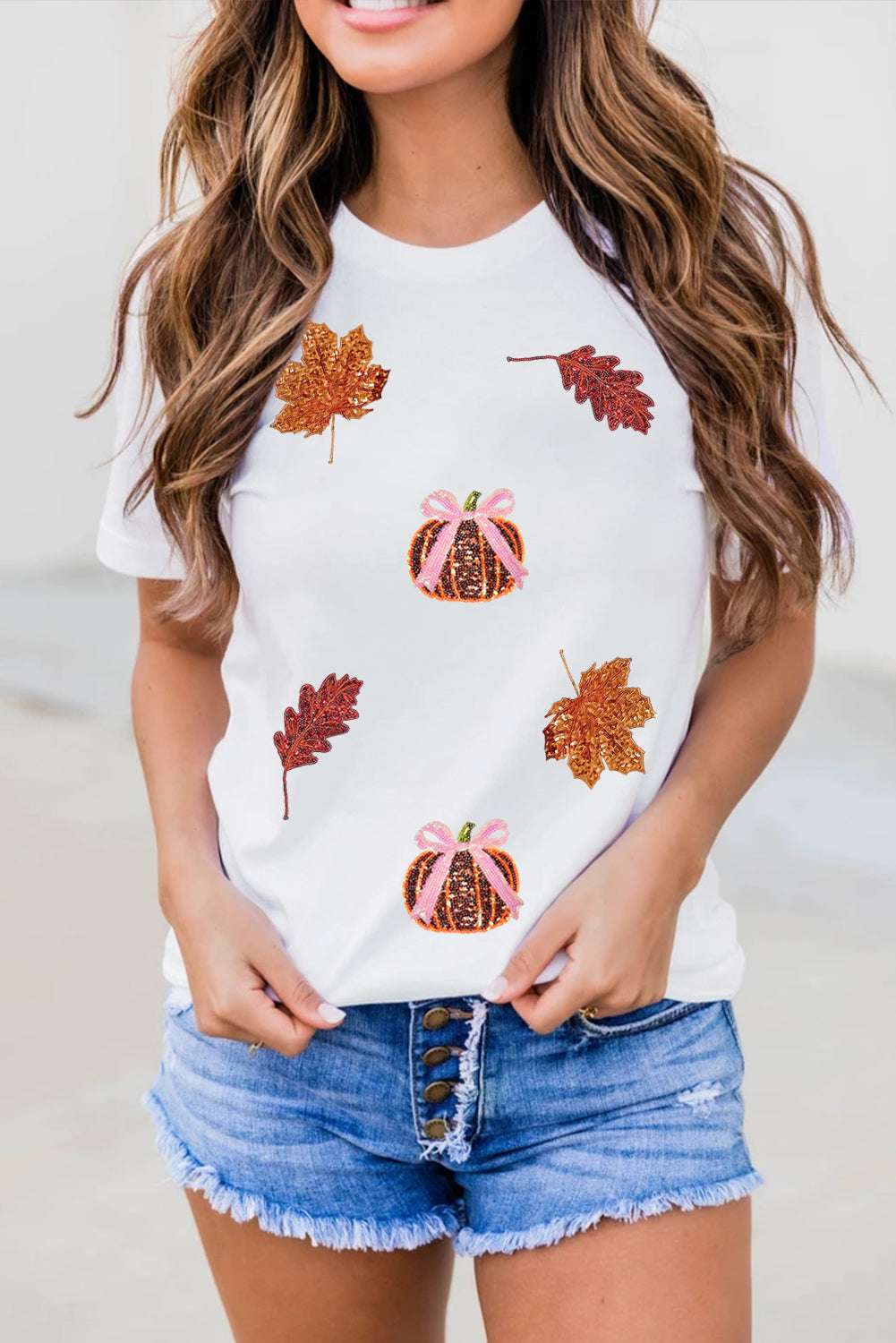White Pumpkin Leaves Sequins Patch Fall Vibe Graphic T Shirt d51fc0d1a7f85362