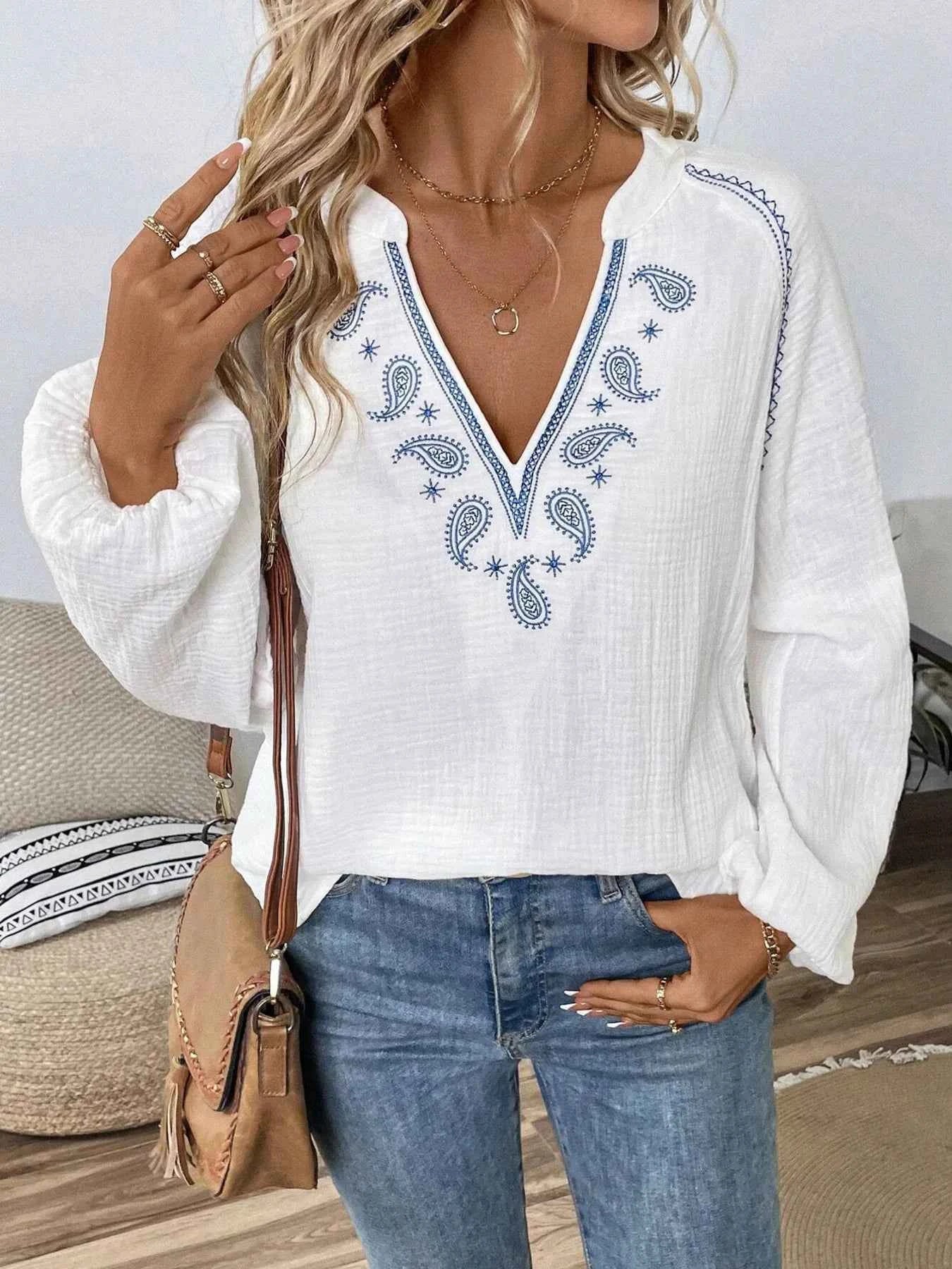 Paisley Pattern Notched Long Sleeve Blouse d51ffd6c9bce4fb5a1cd0f7235fc97d6-Max-Origin