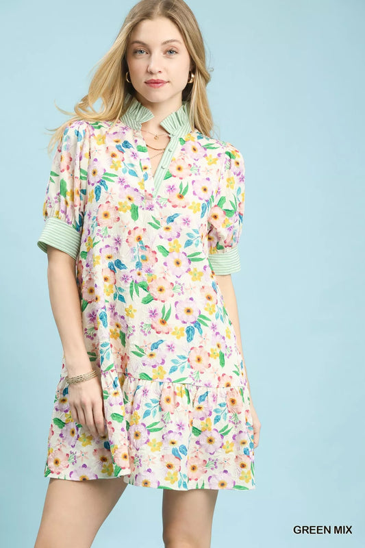 Mix Floral Ruffle Collar Tiered Babydoll Dress GREEN MIX d521ae3d-ed43-4322-8b4c-0ffd49bfa0c4-Max-Origin