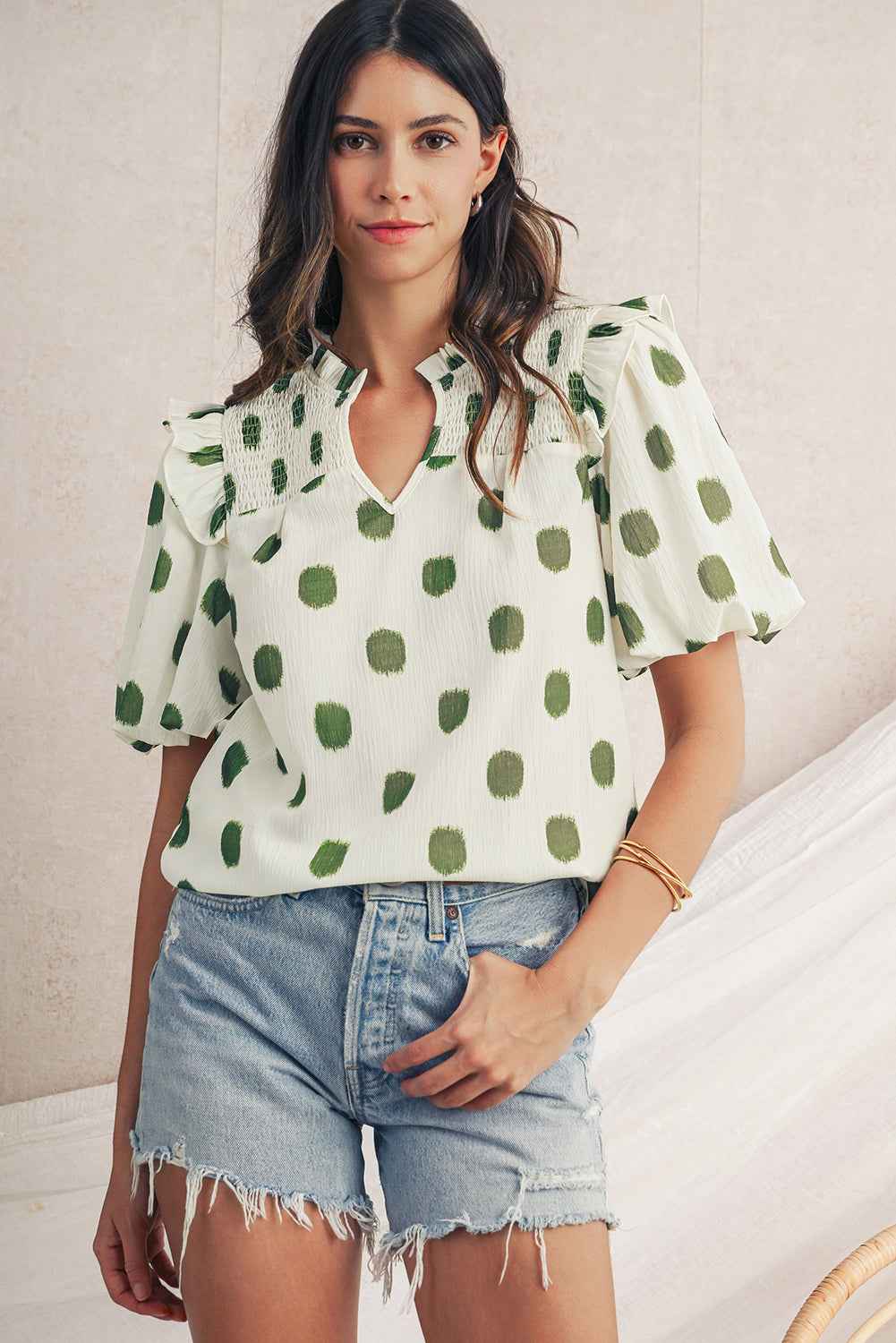 Rose Polka Dot Print Shirred Notched Neck Puff Sleeve Blouse d522b742125a3d79