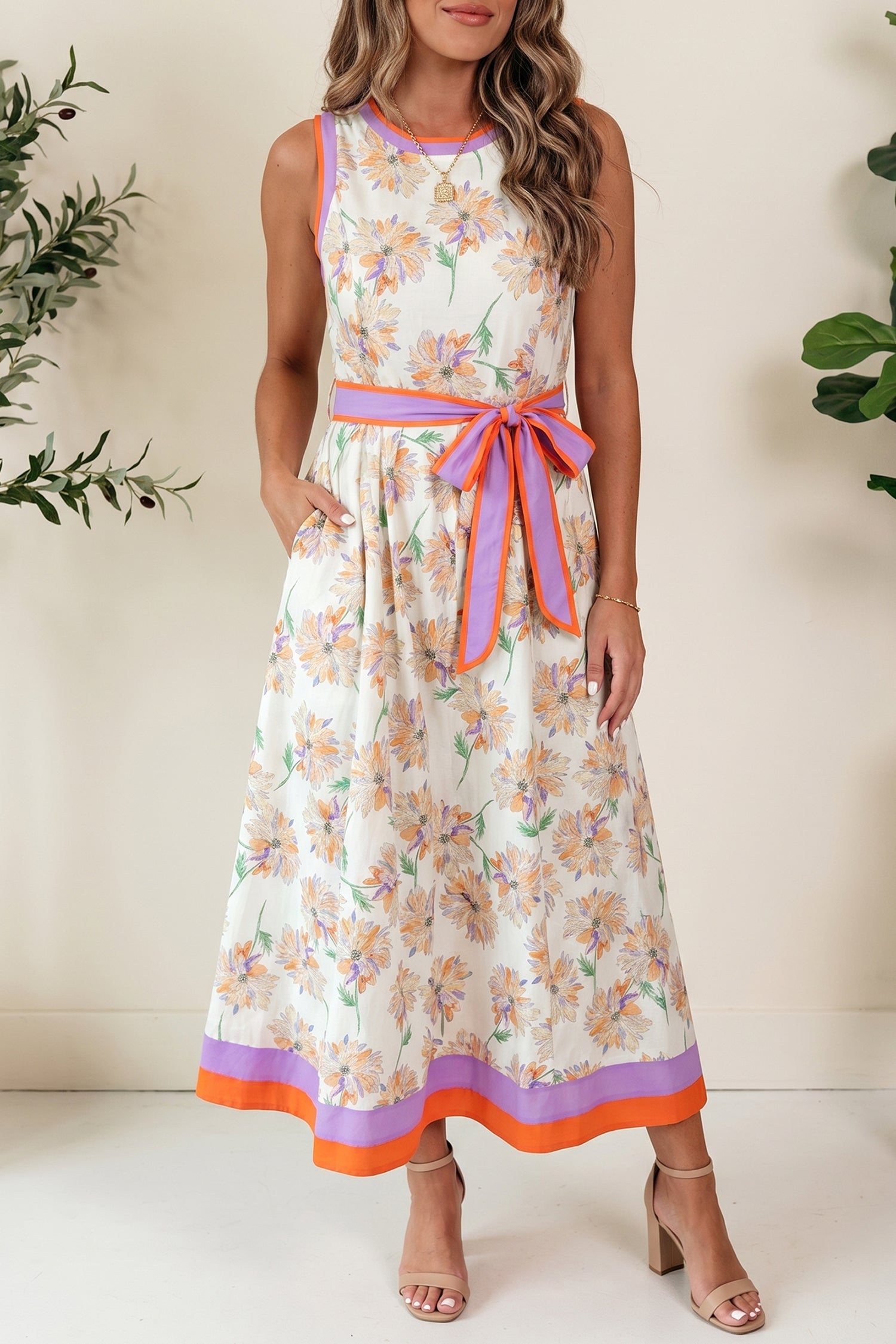 White Floral Print Color Block Trim Belted Sleeveless Maxi Dress White 100%Polyester d523f175a4fc00e6