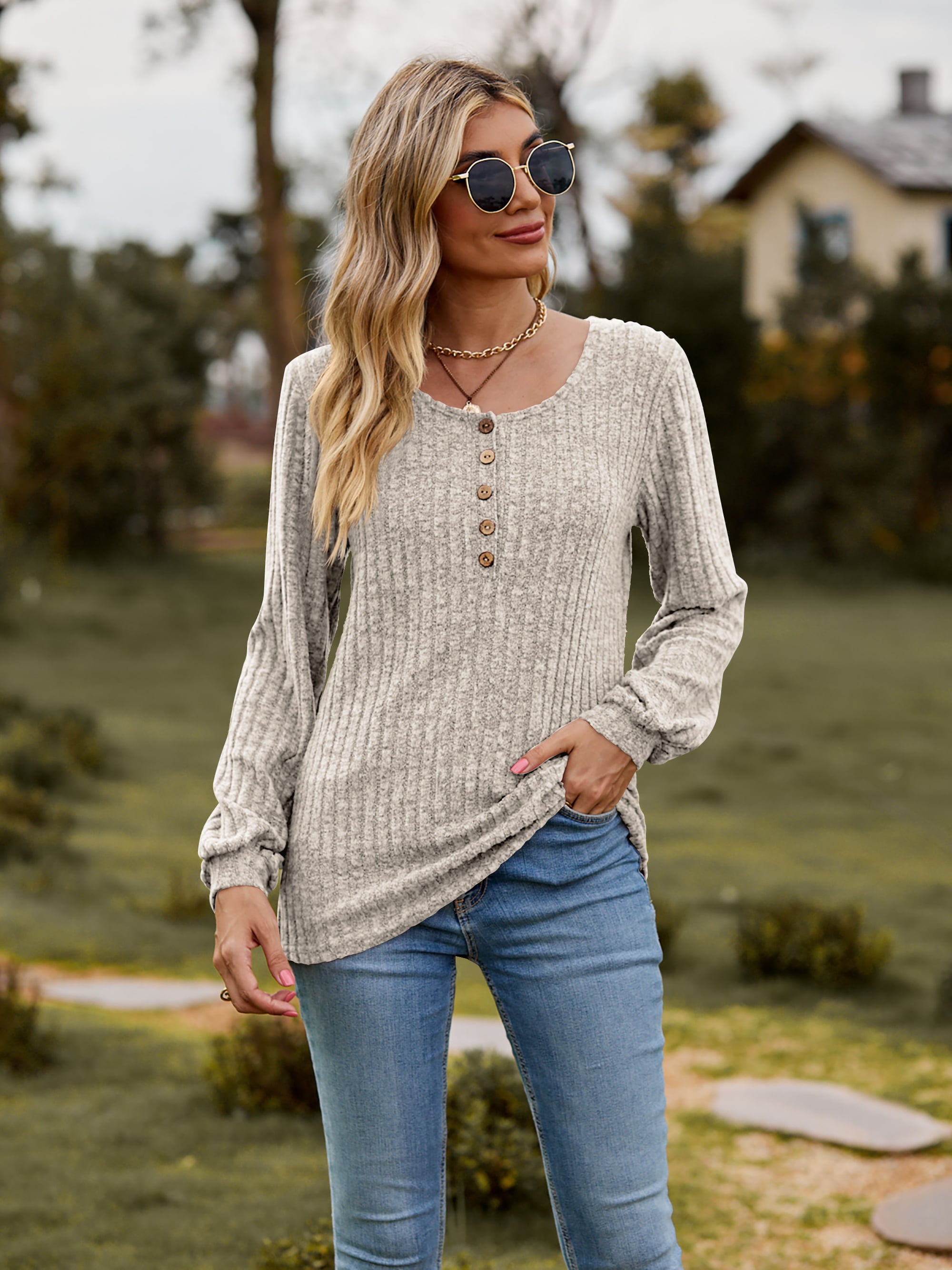 Round Neck Button-Down Long Sleeve Tee Tan d5247ba3f6d74d008bbee388ed4b1b70-Max