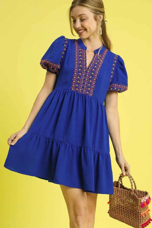 Floral Trim Puff Sleeve Mini Dress Dark Blue d52666ff-2a31-49d0-b5cf-906056089bc5-Max-Origin