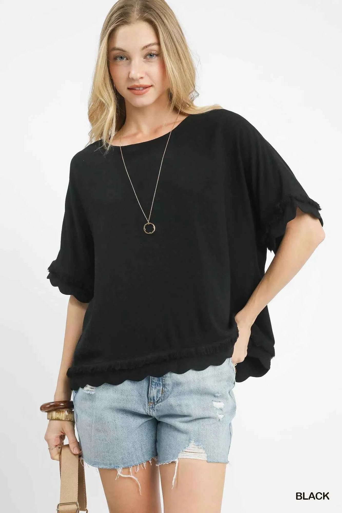 Linen Frayed Hem Scallop Edge Top Black d52c265f-3ace-4b35-8970-89c83f4bda9c-Max-Origin