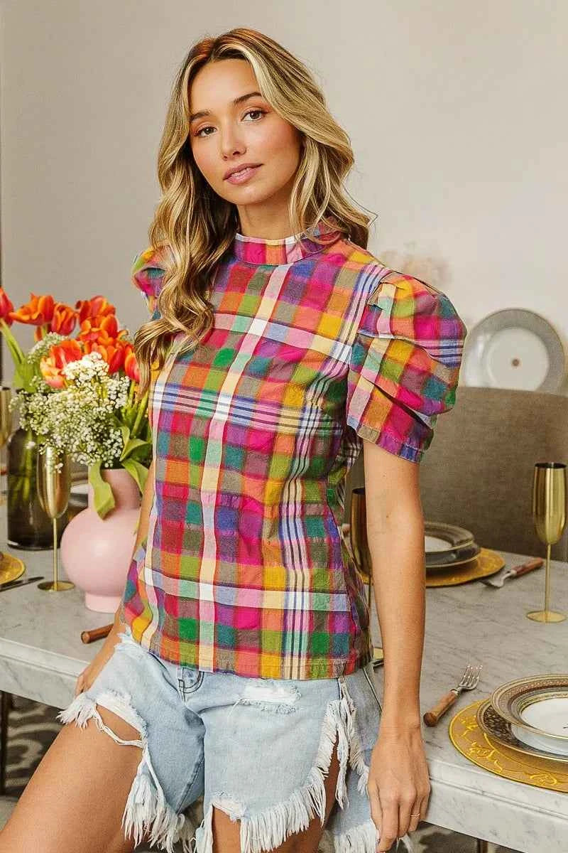 BiBi Short Puff Sleeve Washed Vintage Plaid Top d52dc7748f3e49cd881f6500bd750c7c-Max-Origin