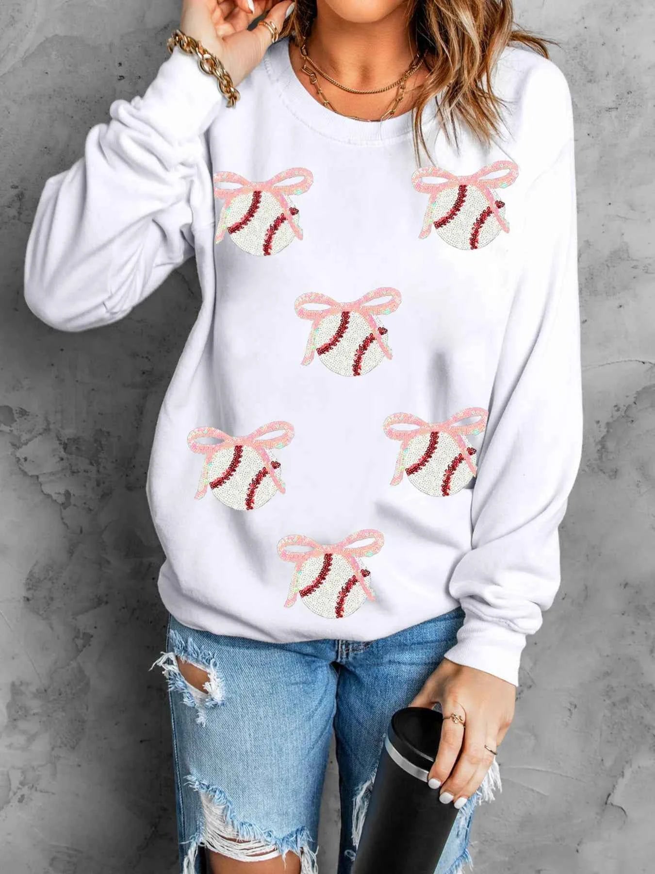 Sequin Bow Baseball Patched Casual Sweatshirt d5305df05e434a01af4c83ad2aadabf0-Max-Origin