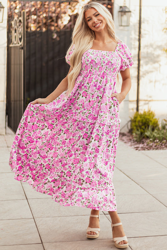 Pink Dainty Floral Smocked Puff Sleeve Flowy Long Dress d534b3b933765acd