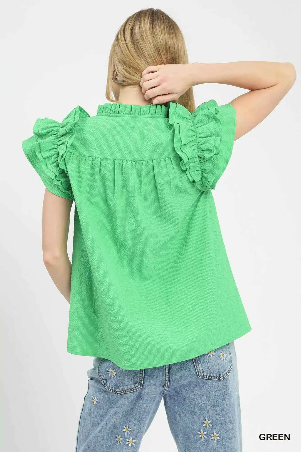 Umgee Textured Ruffle Sleeve Notched Top d53e2e89-b600-4418-9cfe-9f80a1e3ea58-Max-Origin