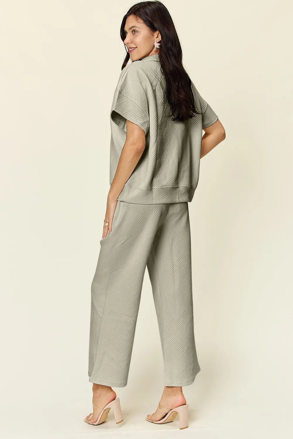 Double Take Full Size Texture Half Zip Short Sleeve Top and Pants Set d53f7c5f-6c36-4c65-8a91-e1a5f7907415-Max