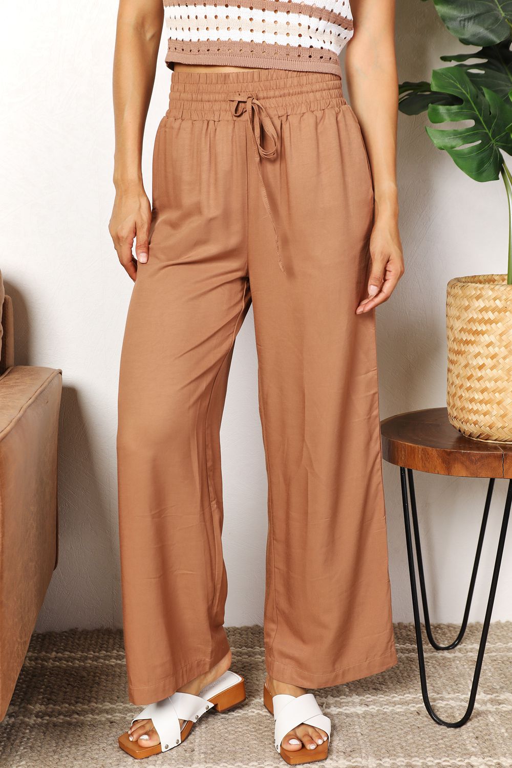 Double Take Drawstring Smocked Waist Wide Leg Pants Camel d54664a04e8d4a15b8815df9e3d6b052-Max