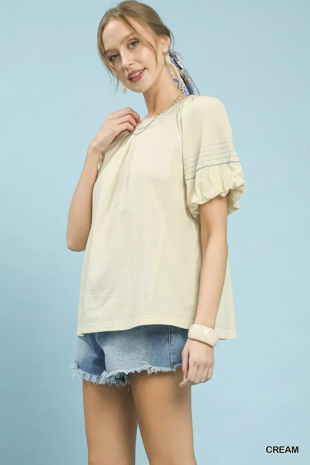 Umgee Round Neck Puff Sleeve Top with Contrast Stitch Detail d549dfca-6f39-4359-b7ed-4e86cd8cd0e9-Max-Origin
