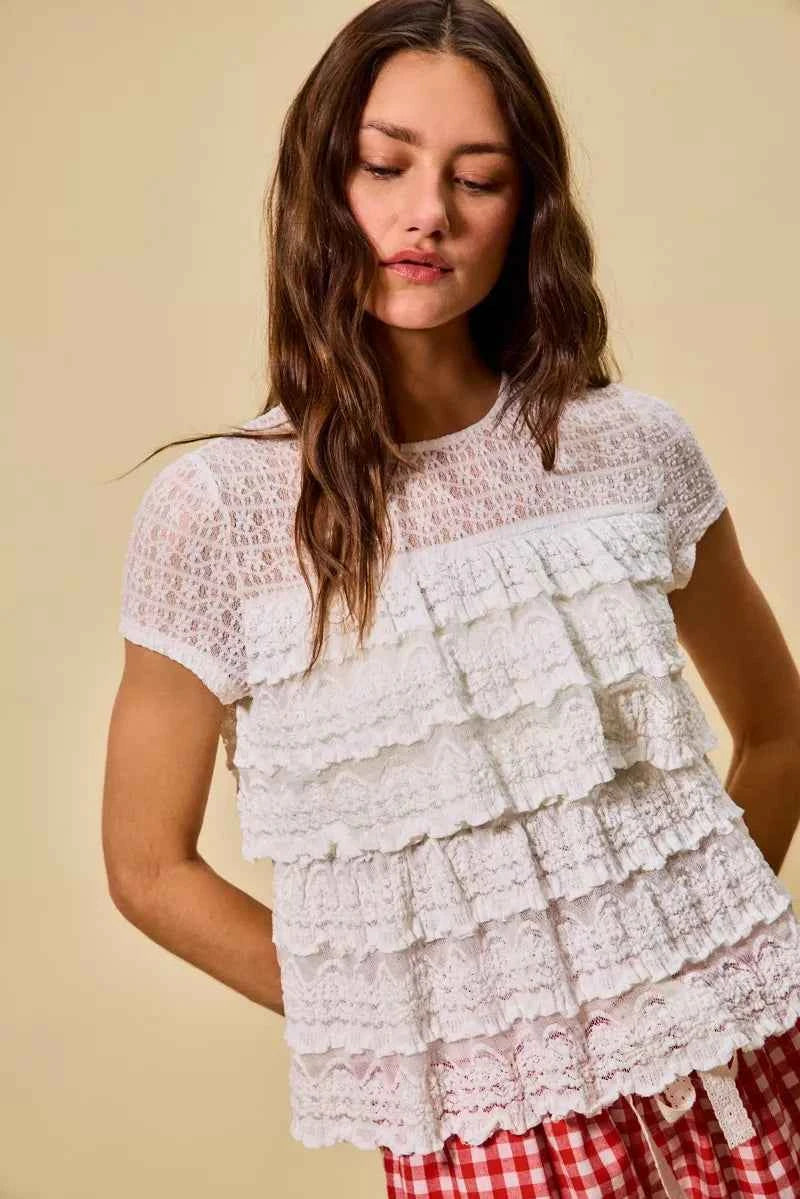 SO ME Ruffle Tiered Stretch Lace Short Sleeves Knit Top d54da59fa7eb411aabfbd0acb10bd6f7-Max-Origin