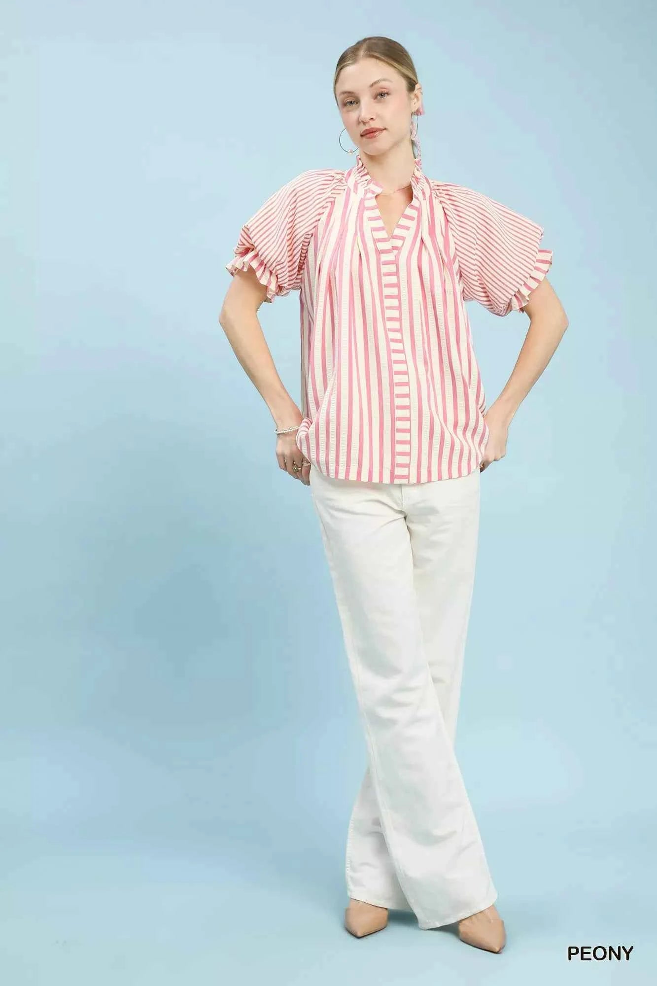 Umgee Striped Notched Top with Short Flutter Sleeves d54df8da-c92f-4181-9796-2a8565b5f030-Max-Origin