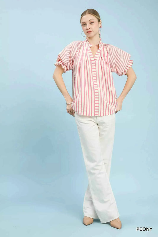 Umgee Striped Notched Top with Short Flutter Sleeves d54df8da-c92f-4181-9796-2a8565b5f030-Max-Origin