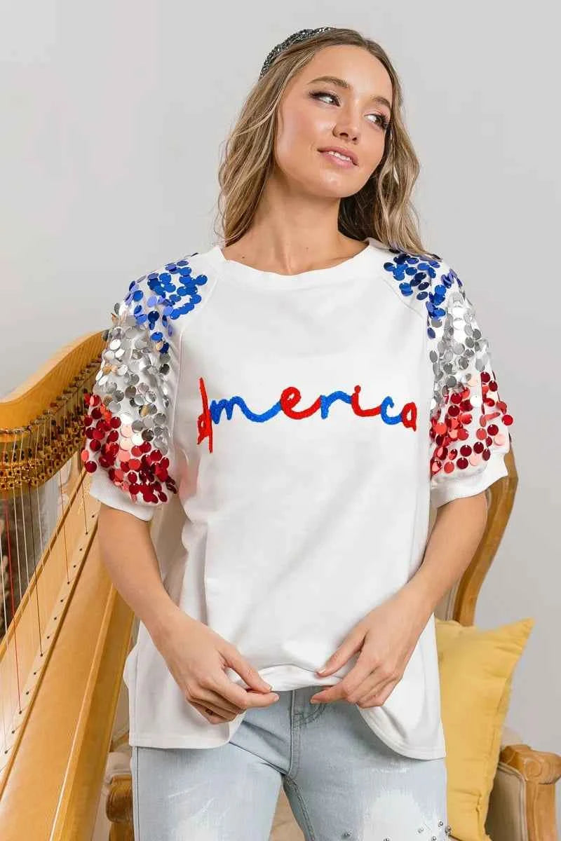 BiBi America Letter Applique Spangle Puff Sleeves Top d54e1ab2912e491d9f5944e288a1efd3-Max-Origin