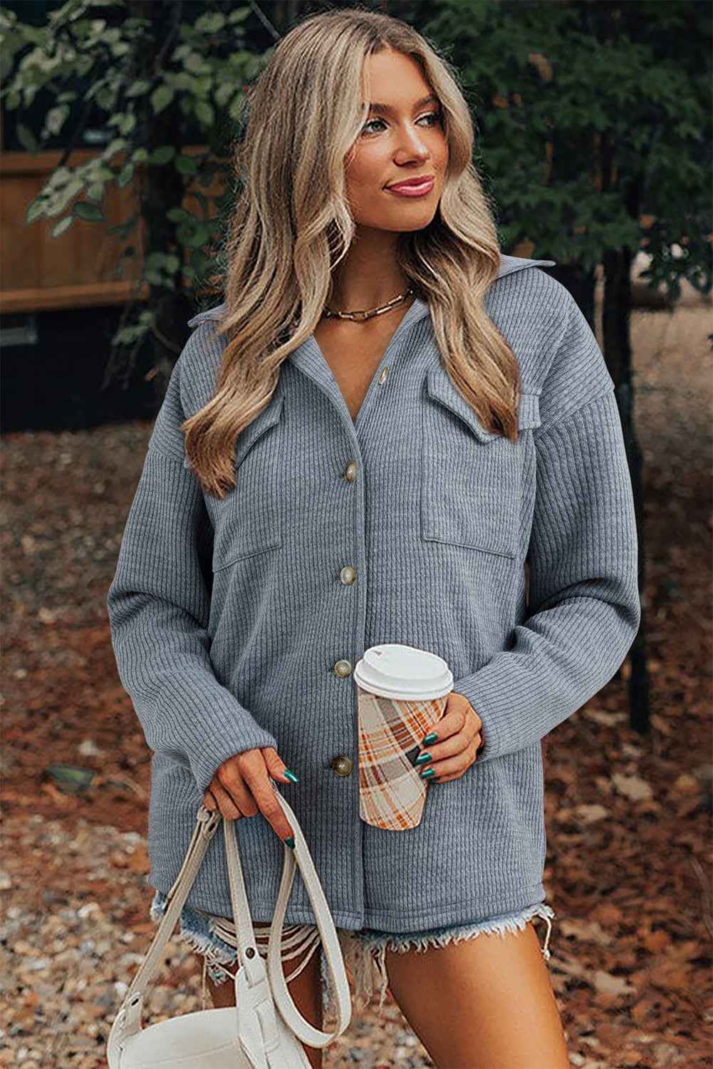 Medium Grey Ribbed Knit Buttons Front Flap Pocket Casual Shacket d5500717d7b47c5b