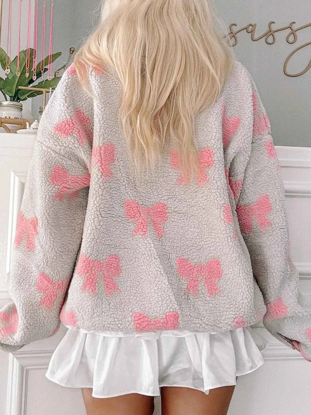 Bow Zip Collar Fleece Sweatshirt d551463e5a04407ab24d87950106777b-Max-Origin