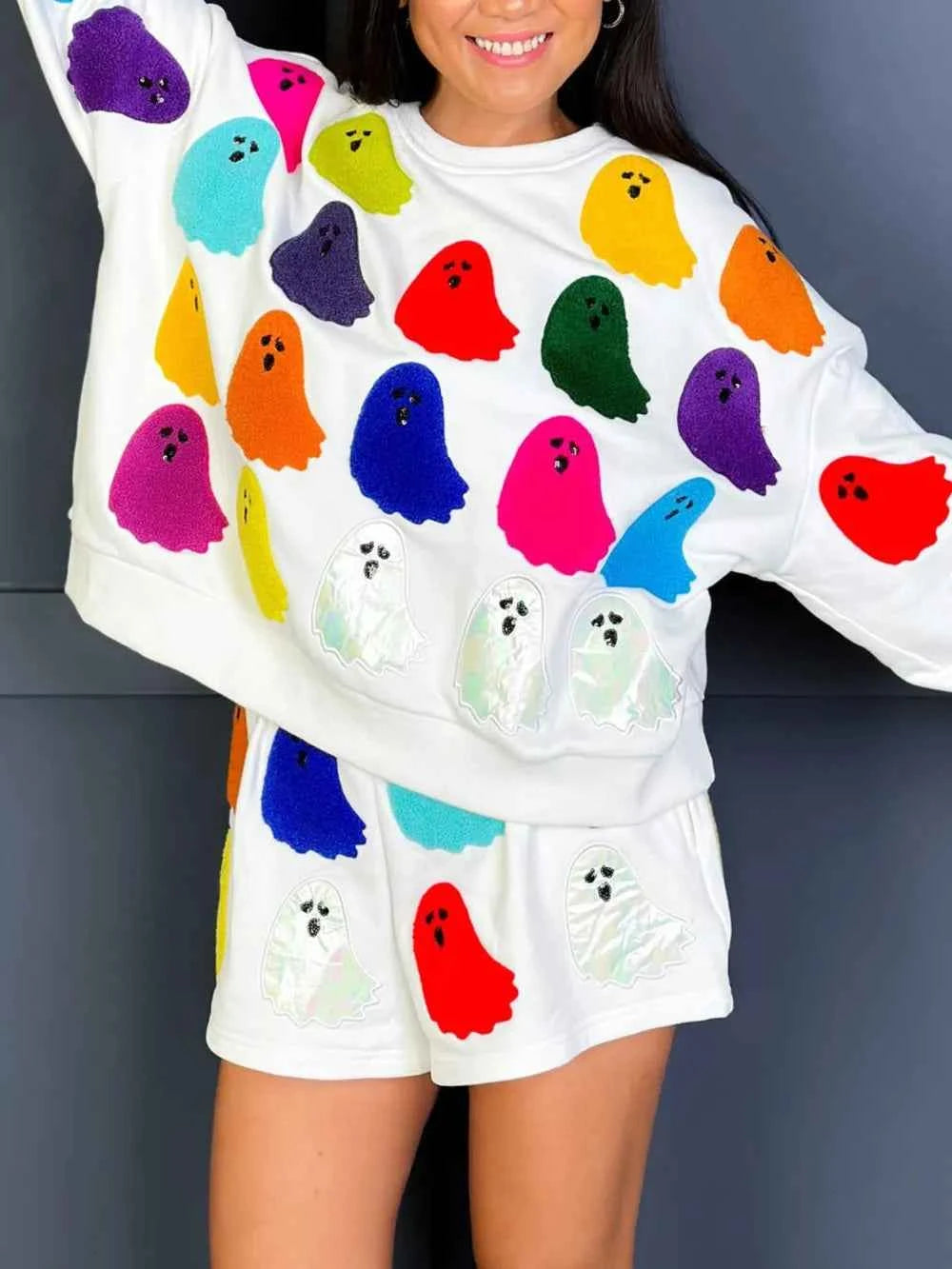 Ghost Printed Round Neck Long Sleeve Top and Shorts Set d552ed2a-db15-4cbf-bff5-2f775f06f110-Max