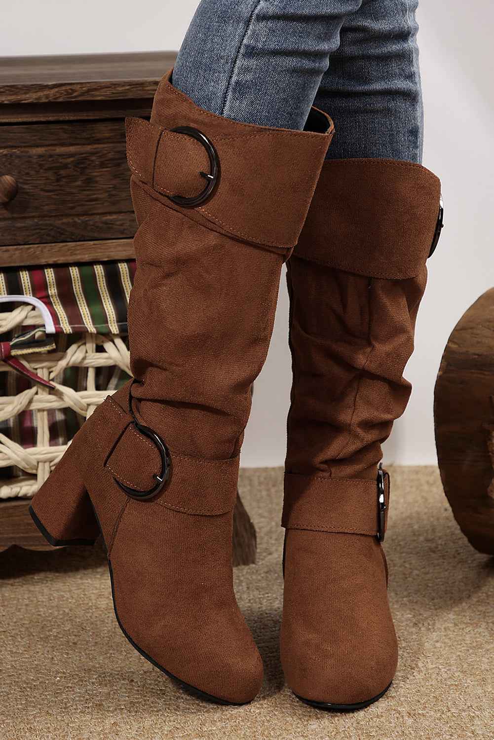 Coffee Suede Double Buckled Side Zipped Mid-calf Boots d55368f2785493ce