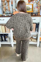 Khaki Jacquard Leopard Half Sleeve Jumper Wide Leg Pant Set d559bc0323ebba04