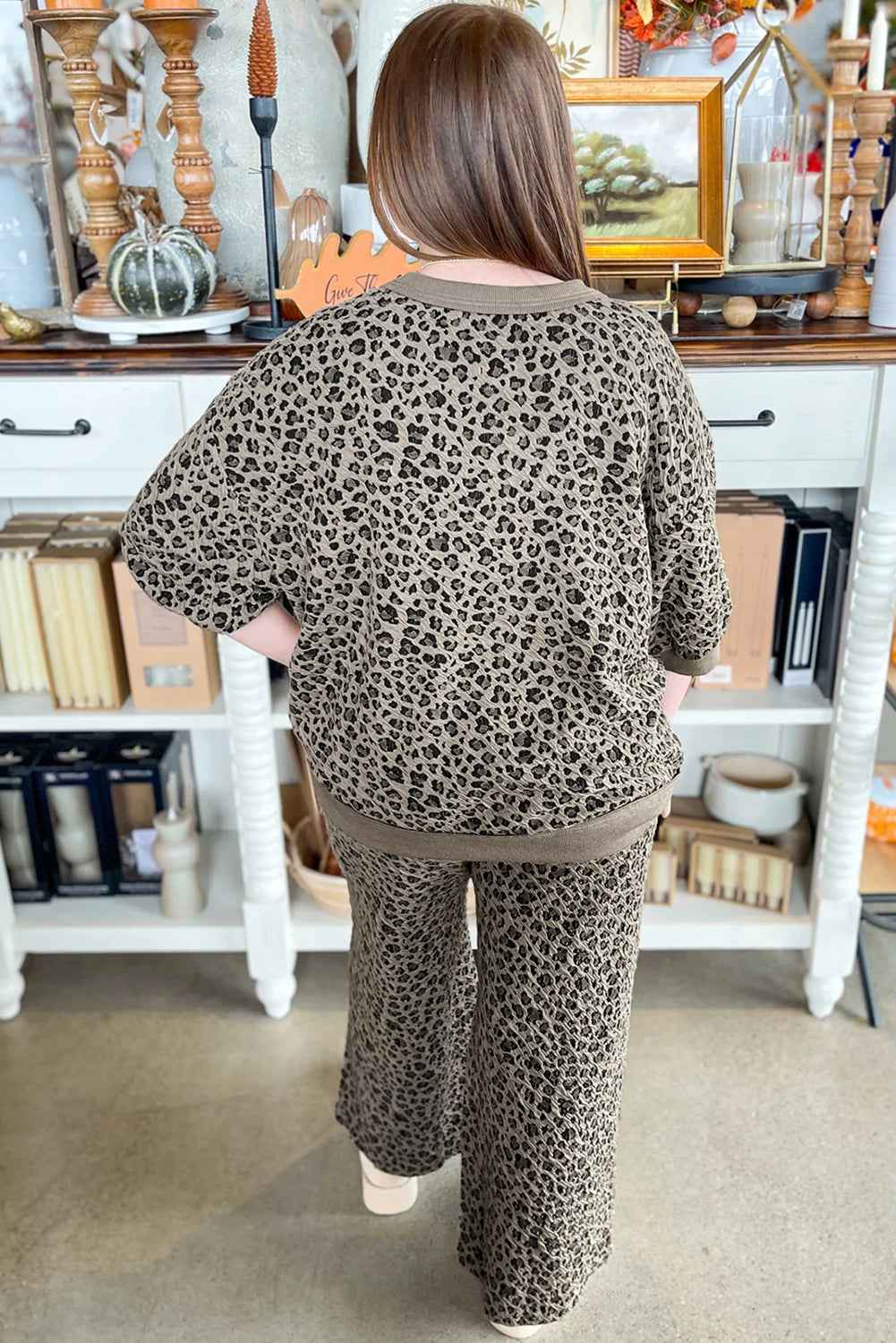 Khaki Jacquard Leopard Half Sleeve Jumper Wide Leg Pant Set d559bc0323ebba04