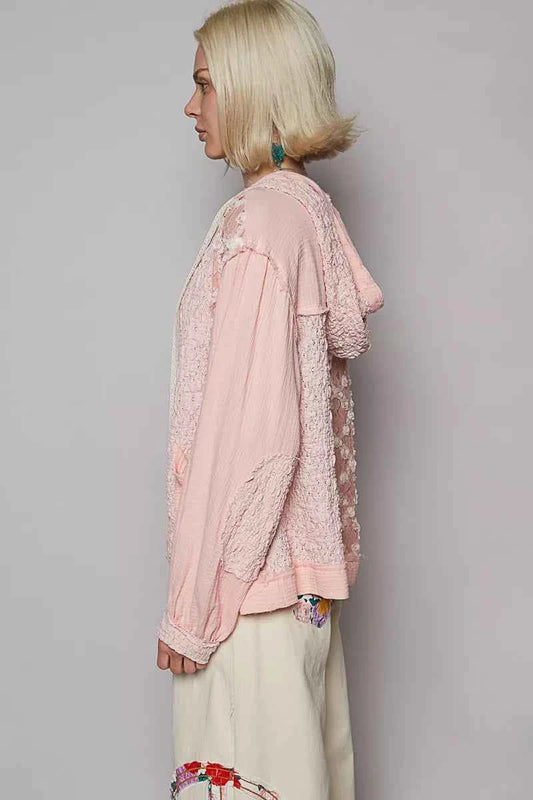 Exposed Seam Button Down Hooded Jacket with Lace Detail d55a5aea-d926-46dd-beb0-7d0c05b2dbe4-Max-Origin