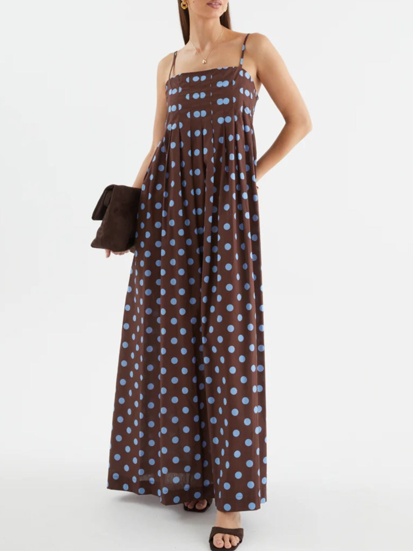Polka Dot Pleated Detail Maxi Dress d5656aa2-27f4-4cbd-84e7-cae9699deb56-Max