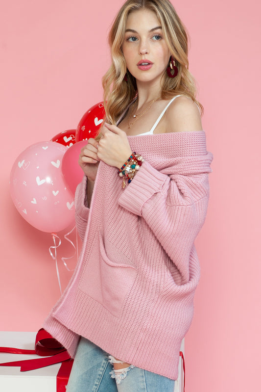 Pink Batwing Sleeve Pocket Oversized Cable Knit Cardigan d566677f3551d2c0