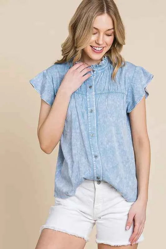 Lime 'N' Chili Mineral Wash Flutter Sleeve Button Down Shirt d5733af2-11ee-470e-8178-e400847e7a94-Max