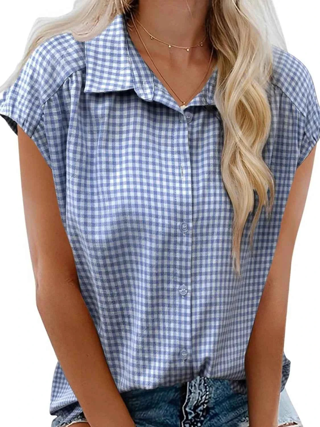 Plaid Button Up Cap Sleeve Shirt Light Blue d57b9683-5fd9-40ca-a92d-eee943ef9c77-Max-Origin