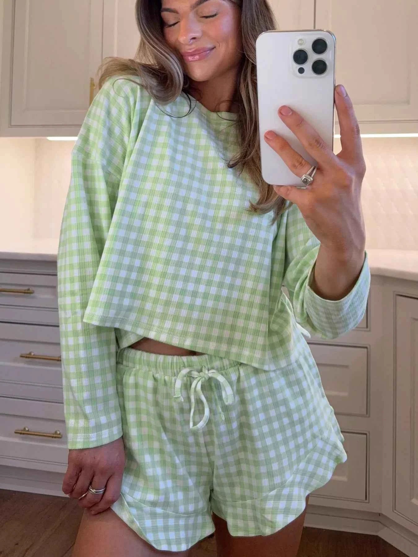 Gingham Print Round Neck Top and Shorts Set d57f9b82-24f6-48b3-af88-ac4b600247fc-Max-Origin