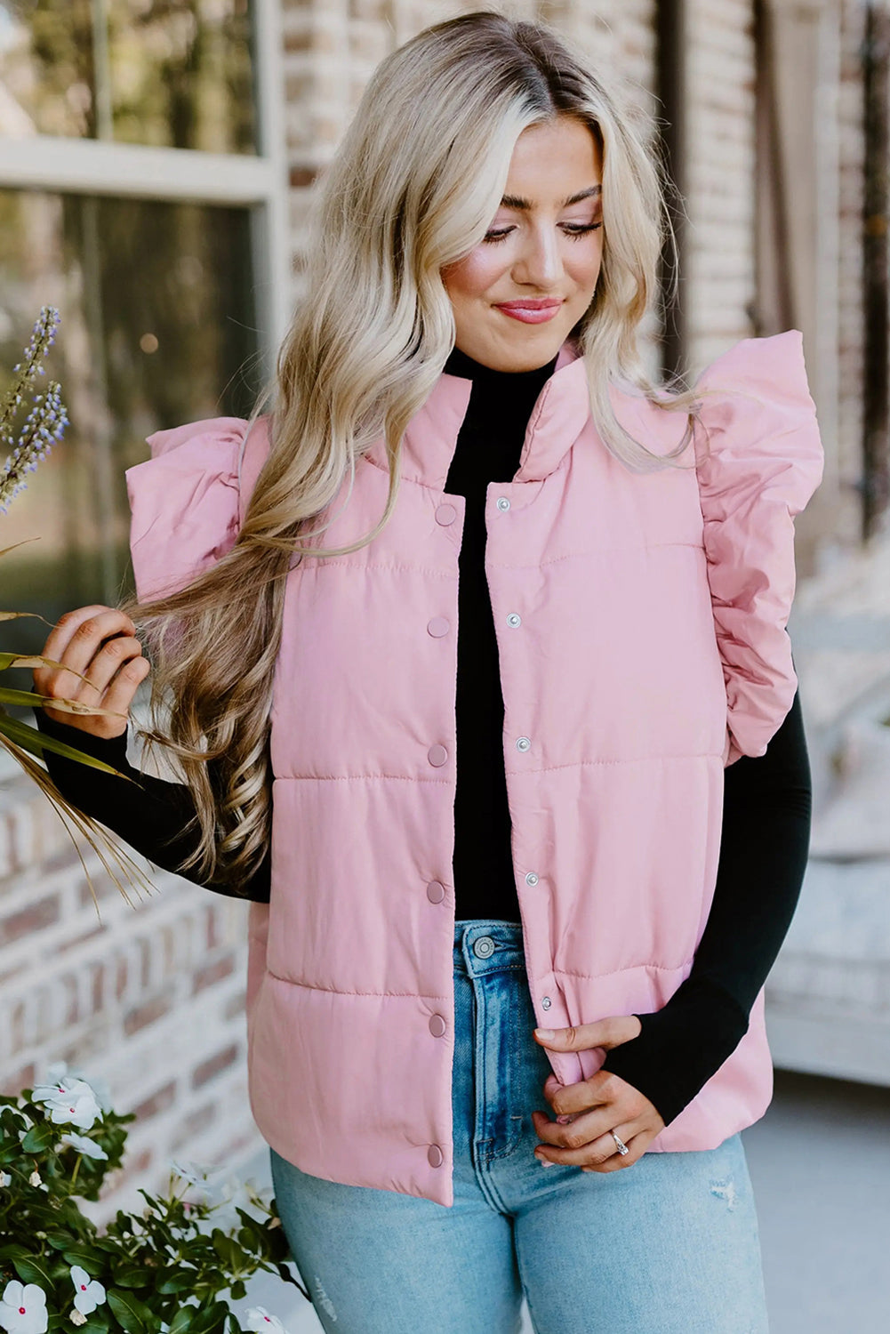 Pink Stand Neck Flutter Sleeve Snap Button Puffer Vest d582921e790fc67e