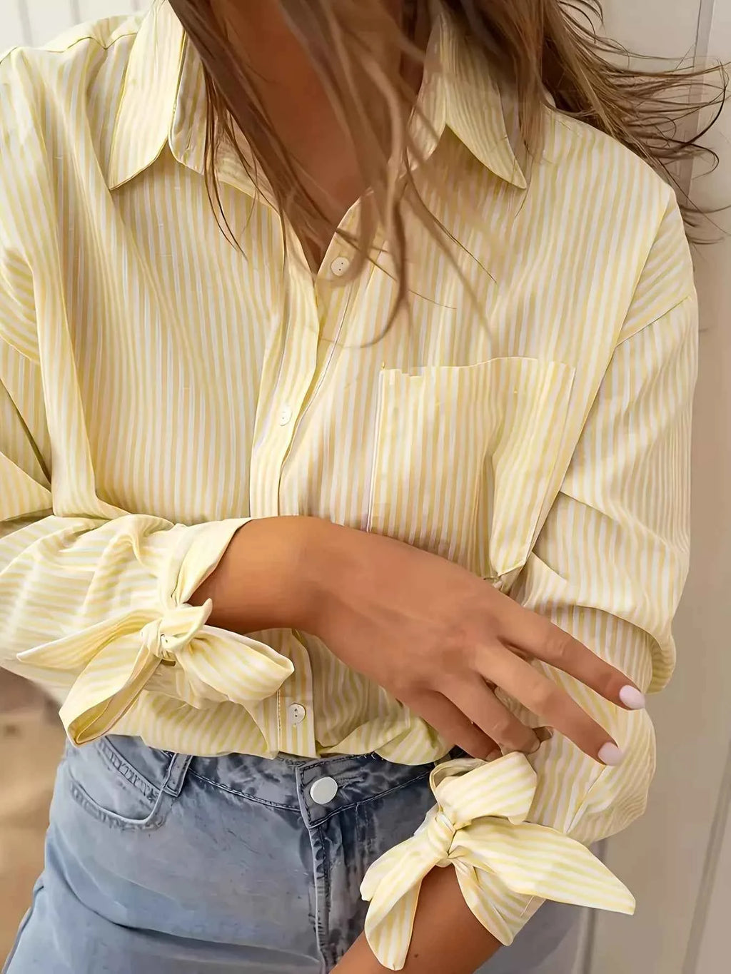 Striped Button Up Tie-Cuff Long Sleeve Shirt Yellow d586b7e5fc7b4cc89e5c79b12946938f-Max-Origin
