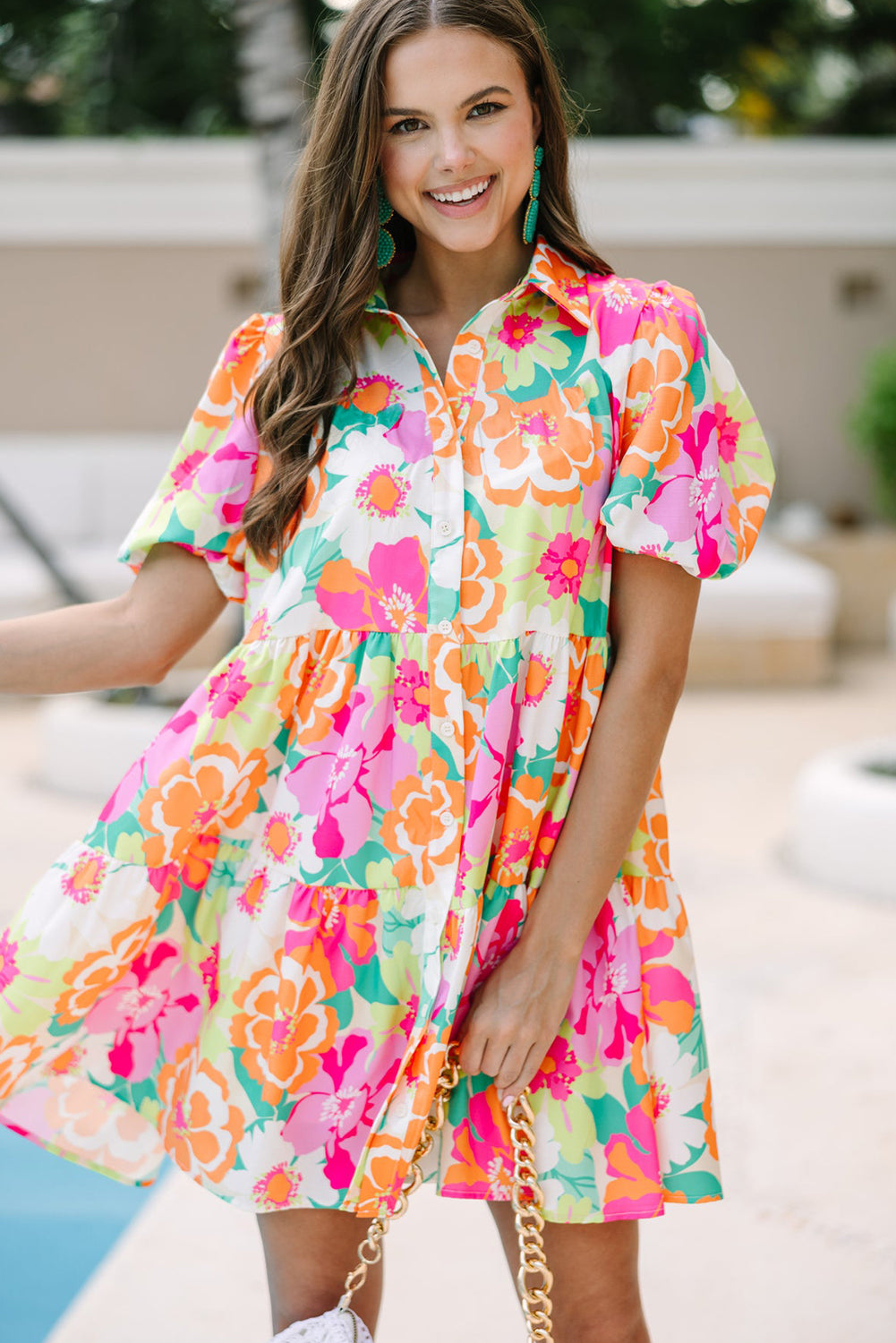 Pink Floral Puff Sleeve Collar Buttoned Babydoll Dress d586bfb5107b53f1