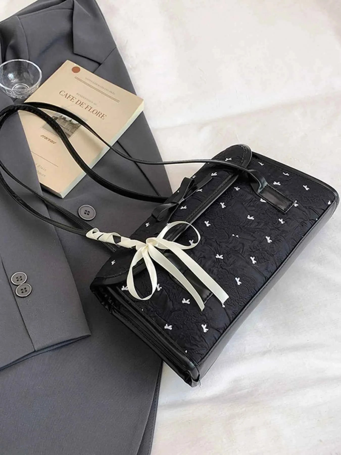 Bow PU Leather Shoulder Bag Black One Size d589566f-c28d-472f-b7be-237cf5372624-Max-Origin