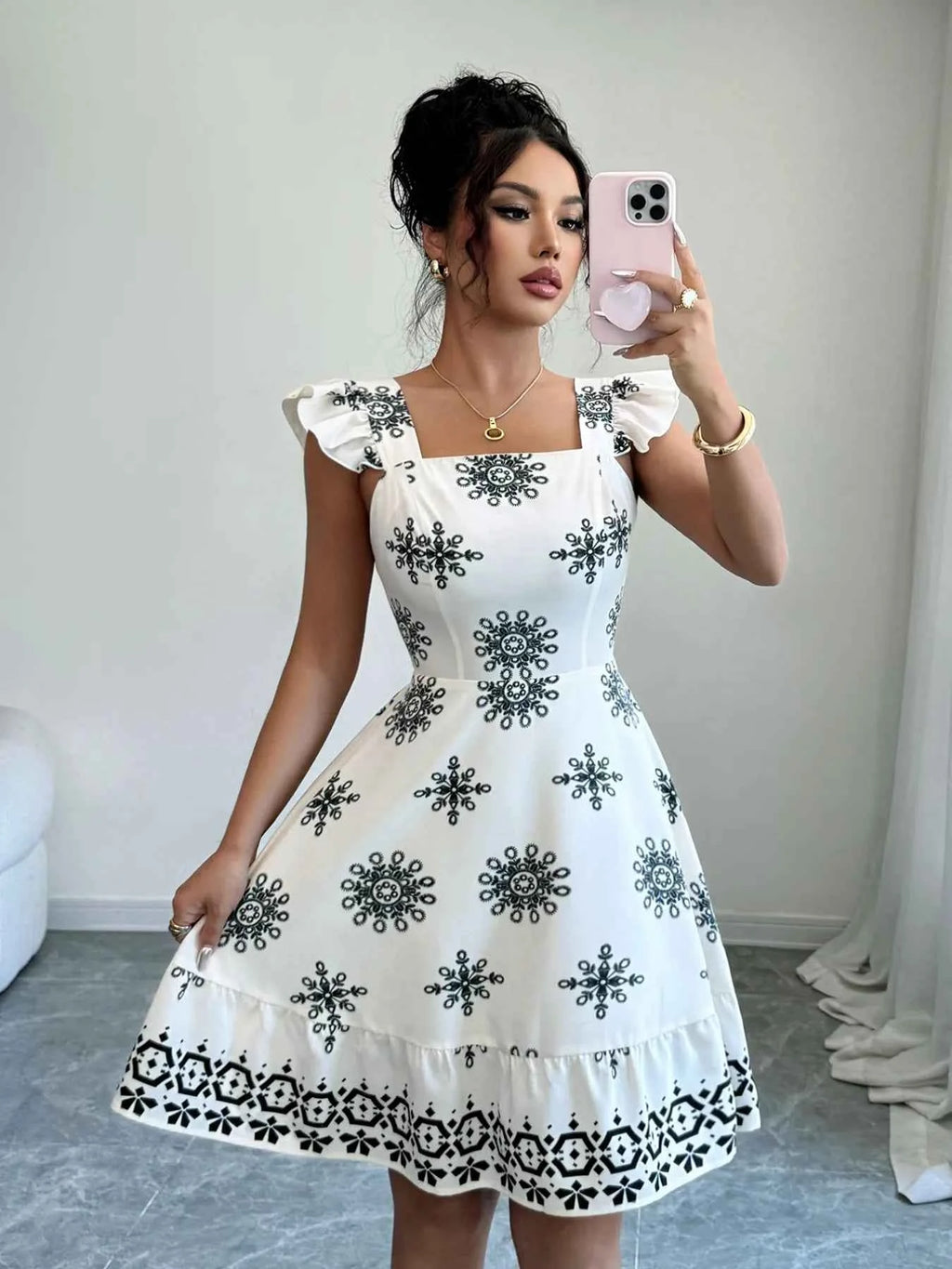 Printed Ruffled Cap Sleeve Dress d5901b3e-0d59-4bcb-949f-30f623528389-Max-Origin