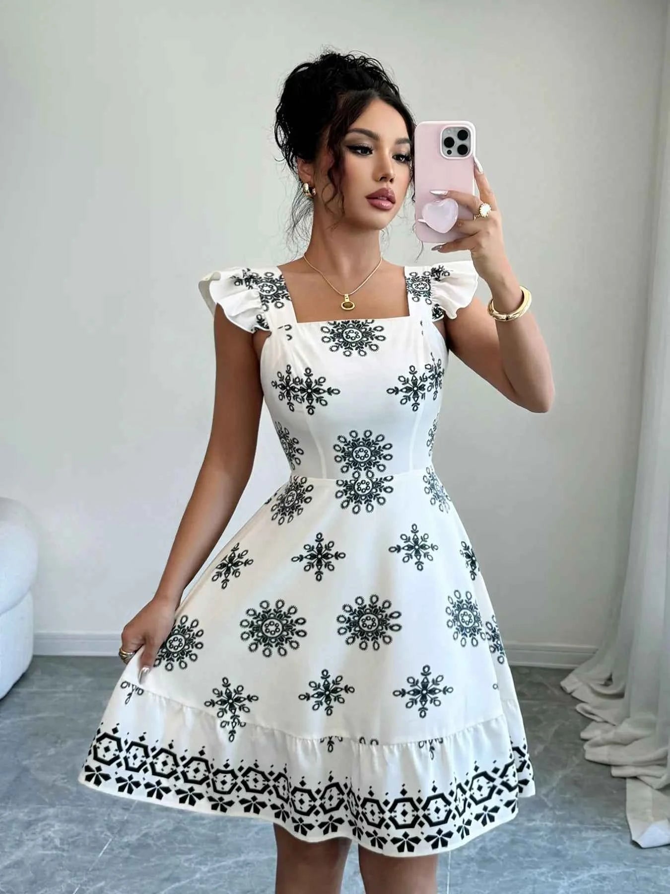 Printed Ruffled Cap Sleeve Dress d5901b3e-0d59-4bcb-949f-30f623528389-Max-Origin