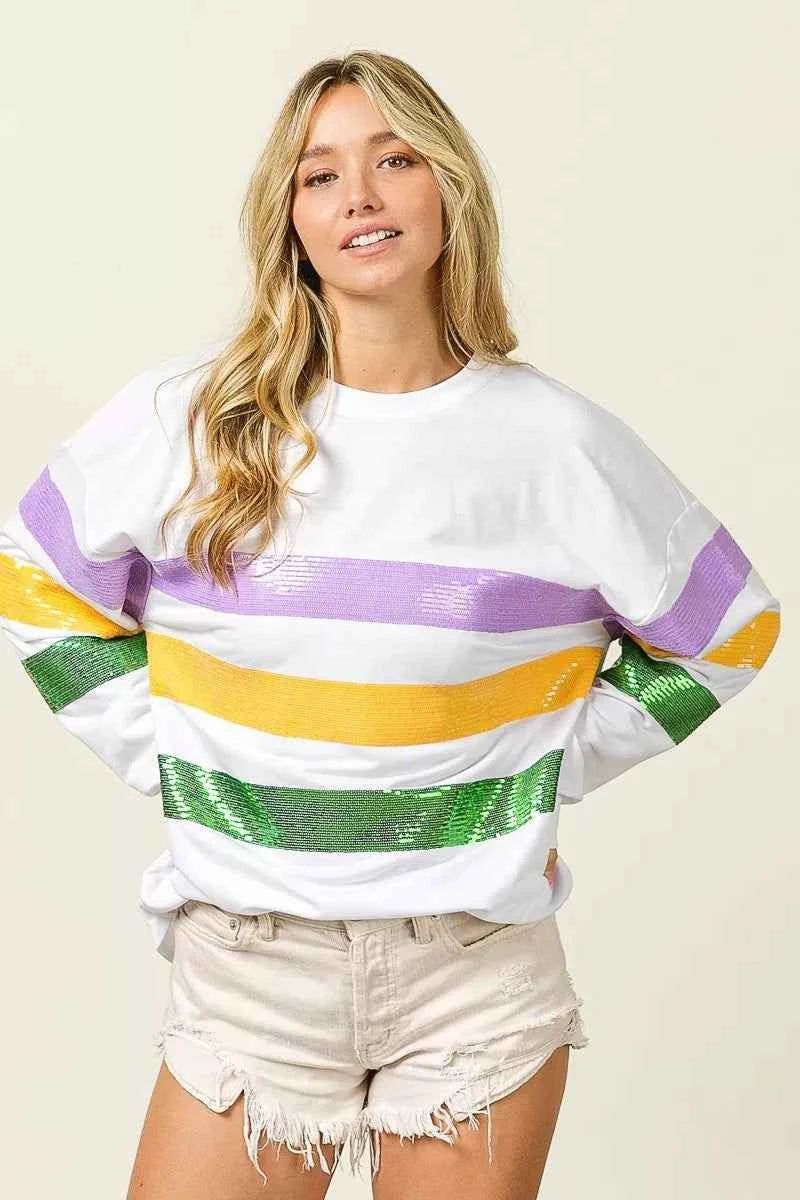 BiBi Sequin Mardi Gras Striped Round Neck Sweatshirt d59abe900c3640fba54cc5c3a9f6d5ab-Max-Origin
