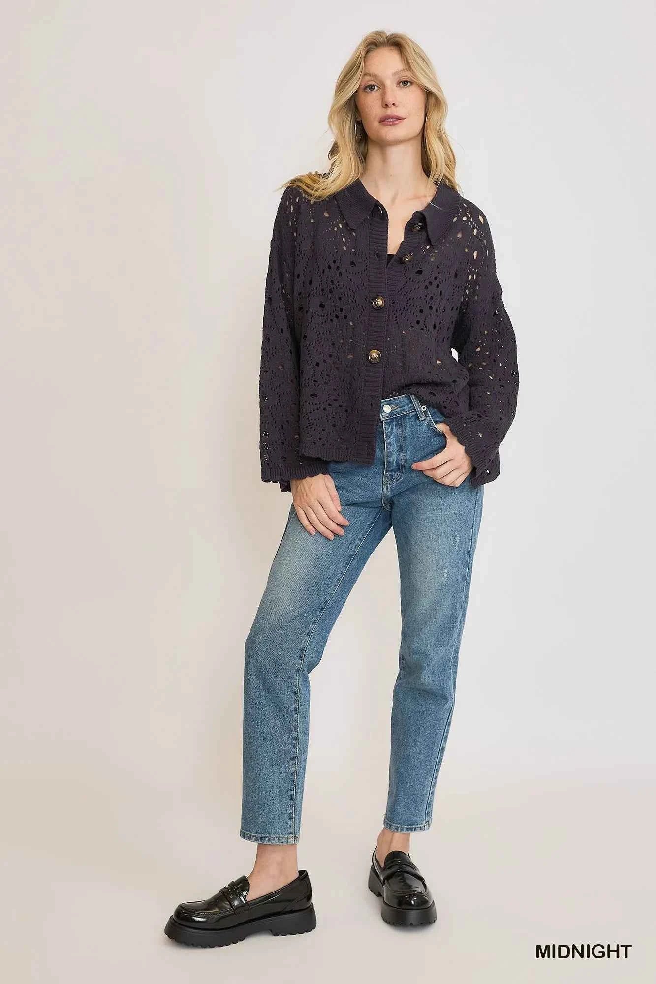 Umgee Hollow Out Button Down Cardigan d59aee2a-524c-4cd1-8b83-77d492fdac87-Max-Origin