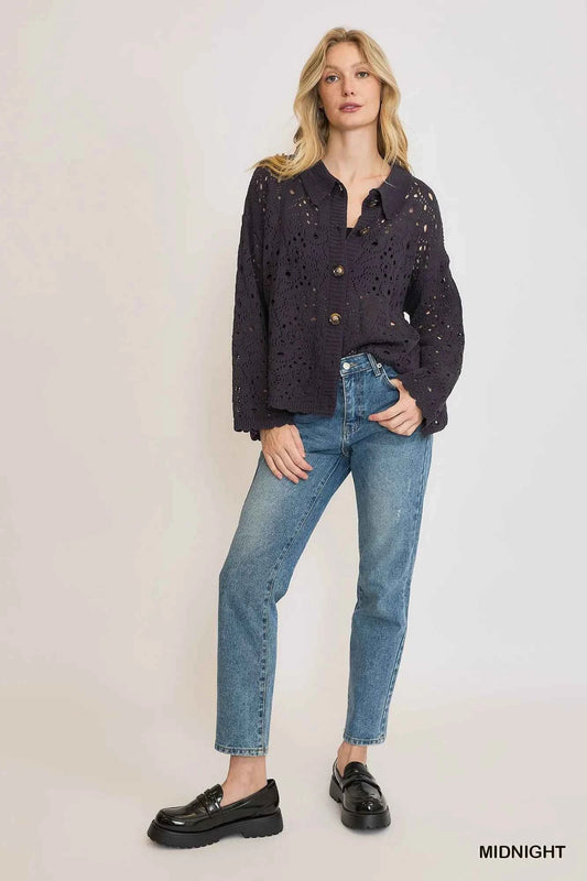 Umgee Hollow Out Button Down Cardigan d59aee2a-524c-4cd1-8b83-77d492fdac87-Max-Origin
