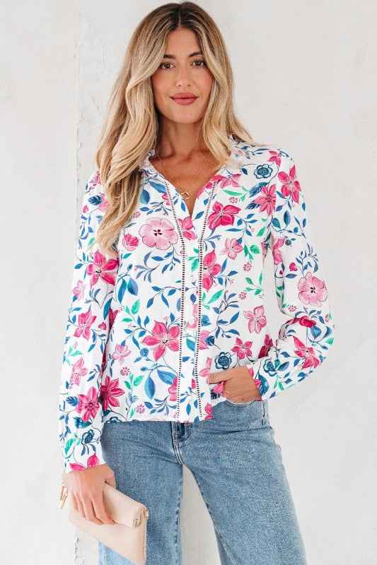 Floral Lace Trim Buttoned Long Sleeve Shirt Pink d59e1255-d00f-4fd2-afc9-d9ca9d68ce03