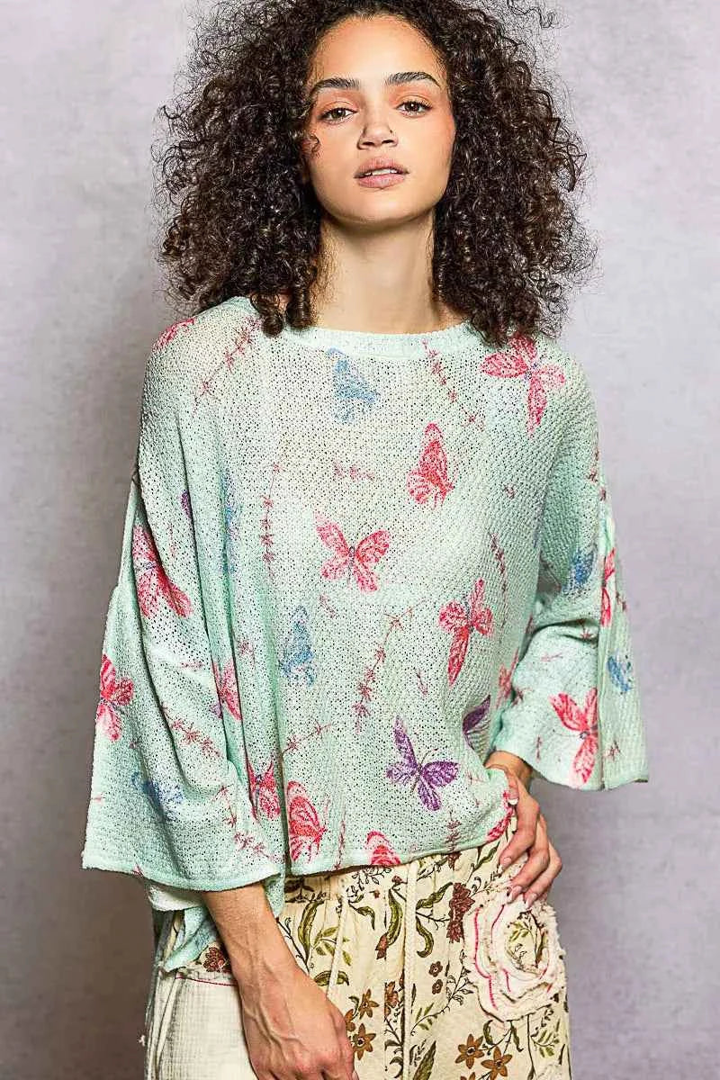 POL Butterflies Pattern Round Neck knit Top with Outseam Rolling Edge d5a1ee4e-0154-4072-a015-64259ddfc0e1-Max-Origin