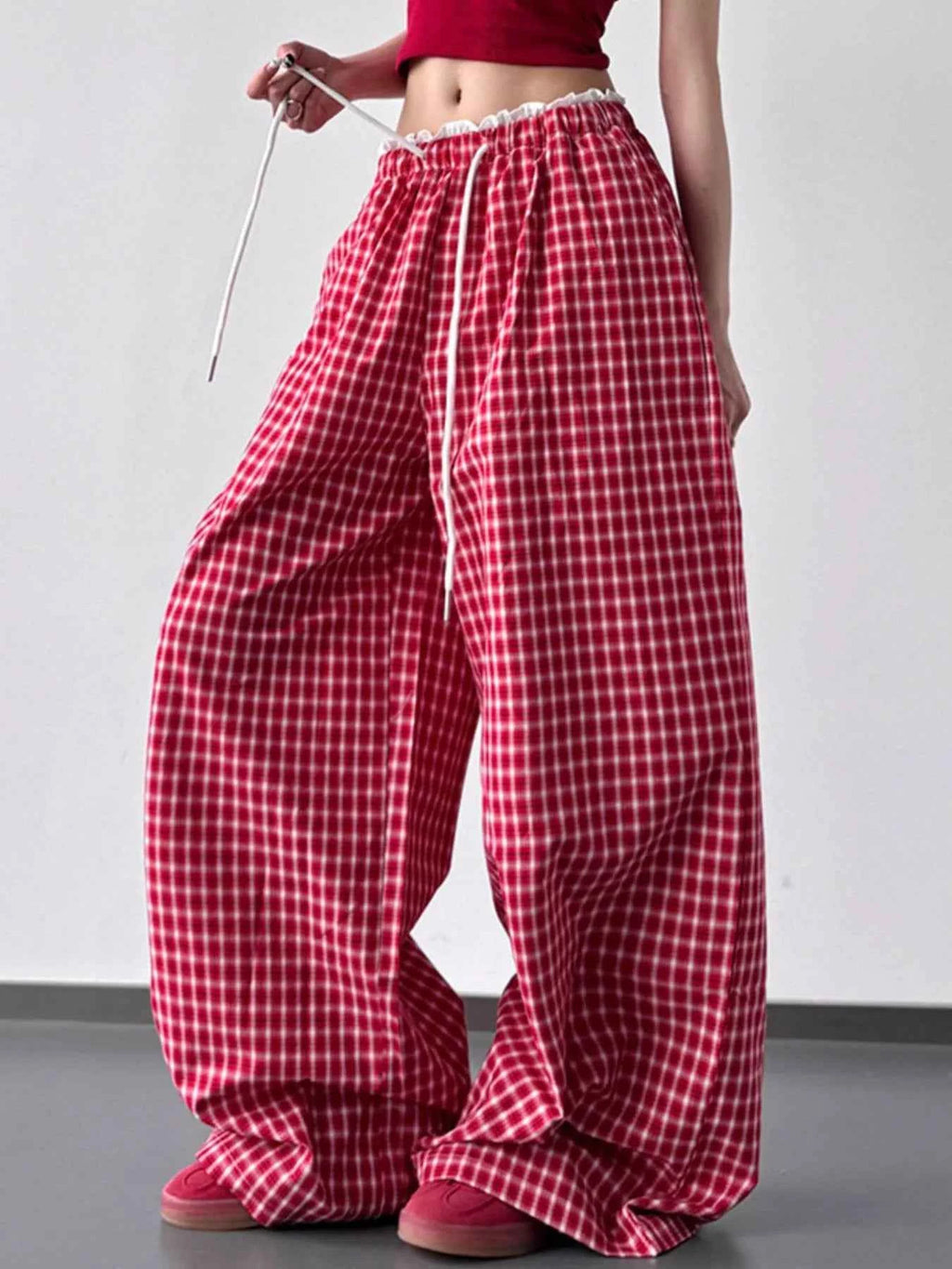 Drawstring Plaid Wide Leg Pants Red d5a37c85-7908-41e4-998a-204fd102453f-Max-Origin