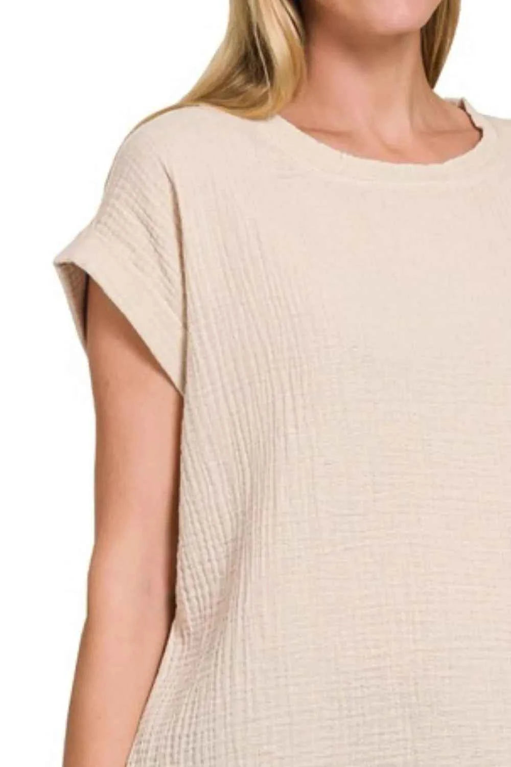 Zenana Double Gauze Round Neck Folded Short Sleeve Top d5a5914d-db54-44c3-a15d-aba8b948ea20-Max-Origin