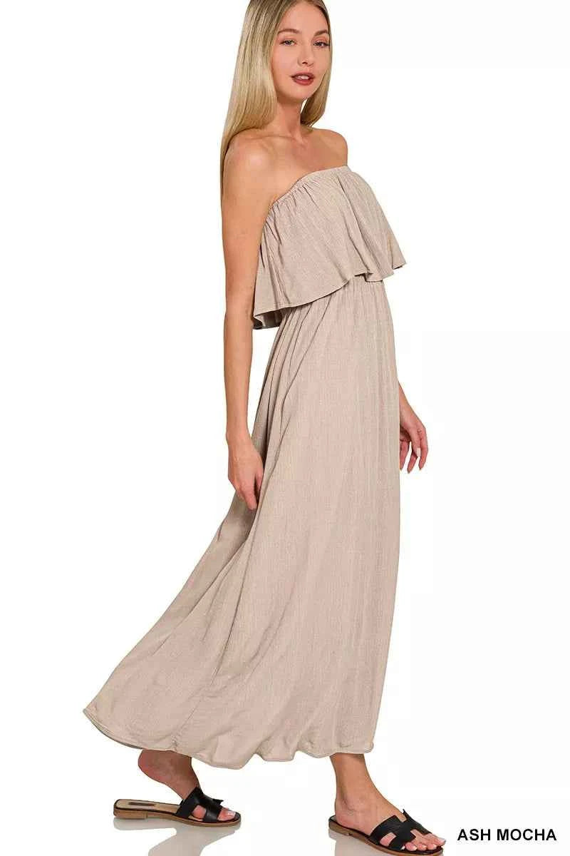 Zenana Woven Crinkle Strapless Maxi Dress d5a5f7217e9a4f31939e56ea9467e57c-Max-Origin