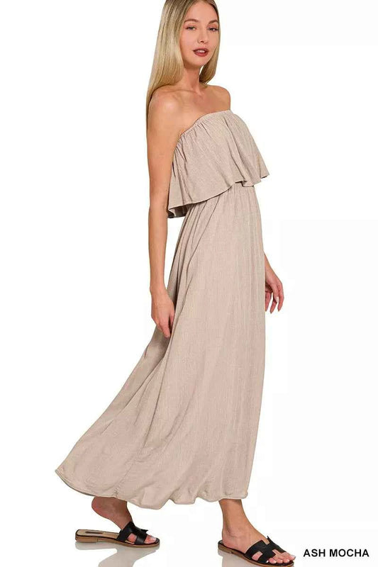 Zenana Woven Crinkle Strapless Maxi Dress d5a5f7217e9a4f31939e56ea9467e57c-Max-Origin