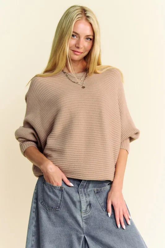 Davi & Dani Round Neck Batwing Sleeve Sweater Tan d5b0327b-e4d9-4bdb-9b2e-bf3a53195fbb-Max